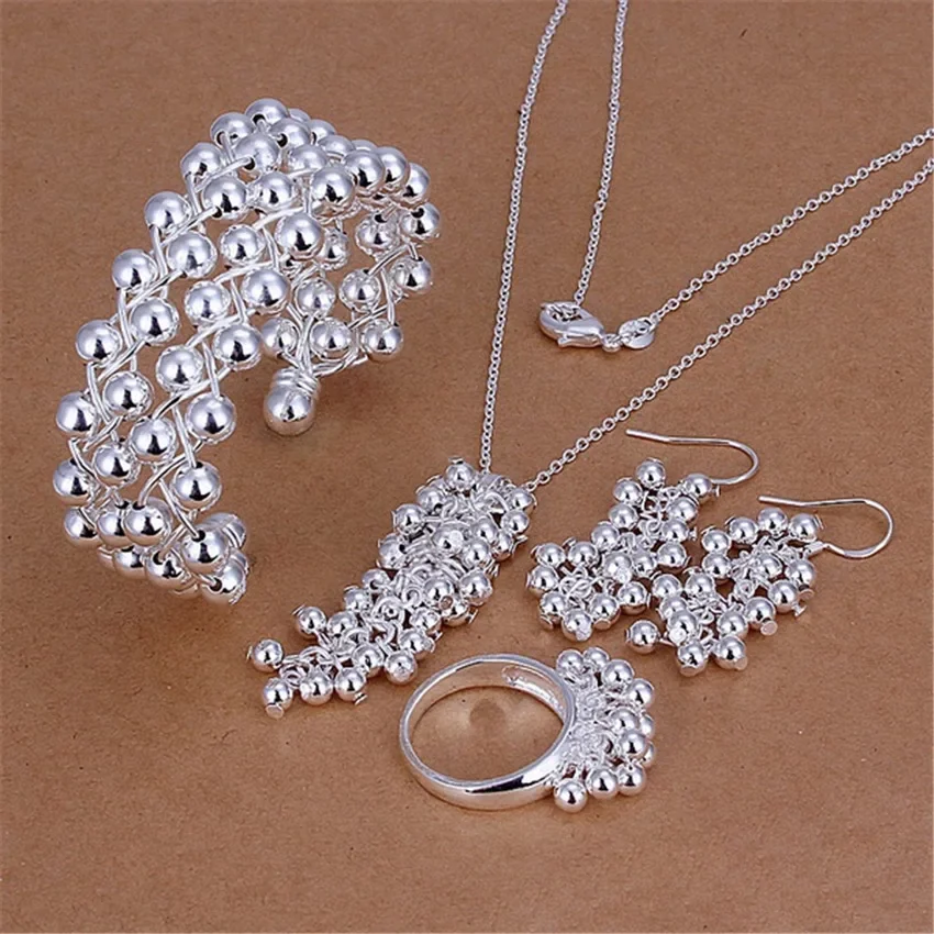 Popular brands Fine Grape beads pendant bangle 925 Sterling Silver Jewelry set earrings bracelet rings necklaces for women gifts