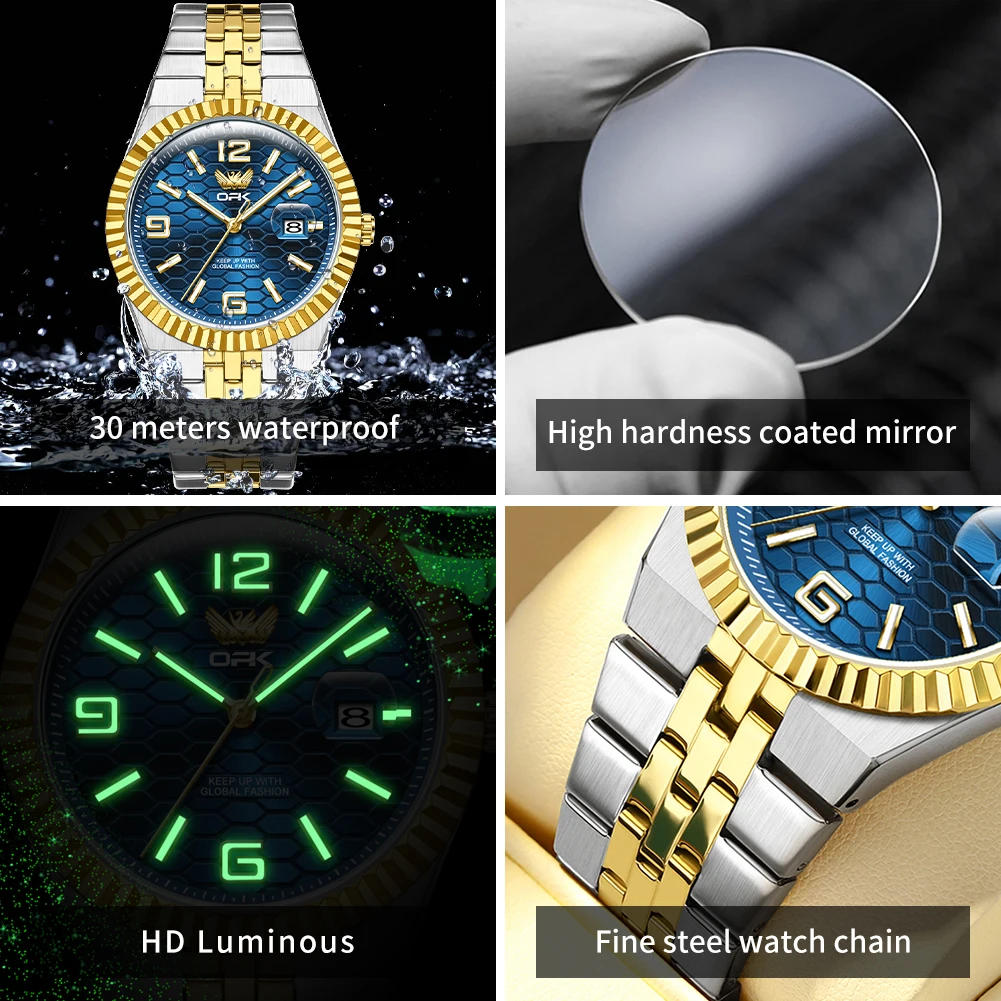OPK Men Watches 8186 Trend Fashion Original Quartz Watch for Man Texture Threaded Bezel Waterproof Luminous Date Stainless Steel