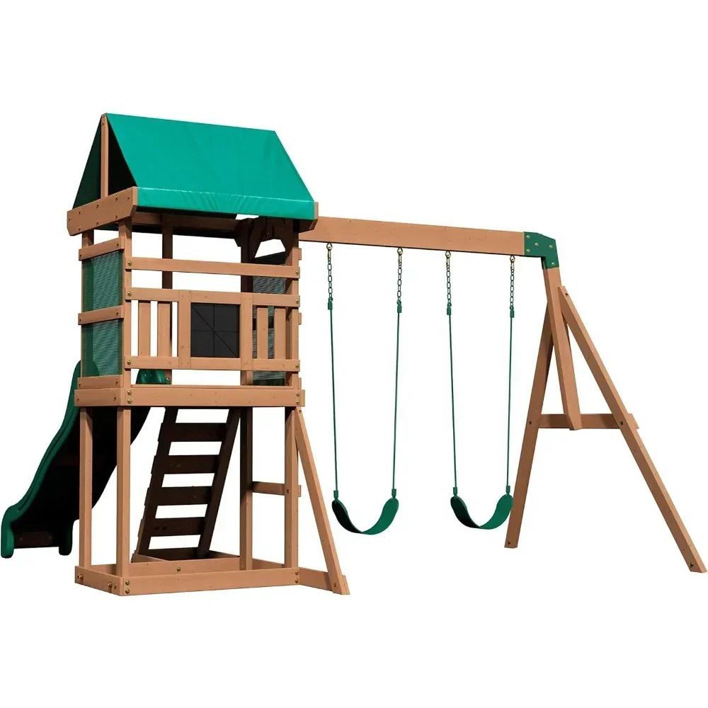 A Wooden Swing Set, Made for Small Yards and Younger Children, Two Belt Swings, Covered Mesh Fort with Canopy