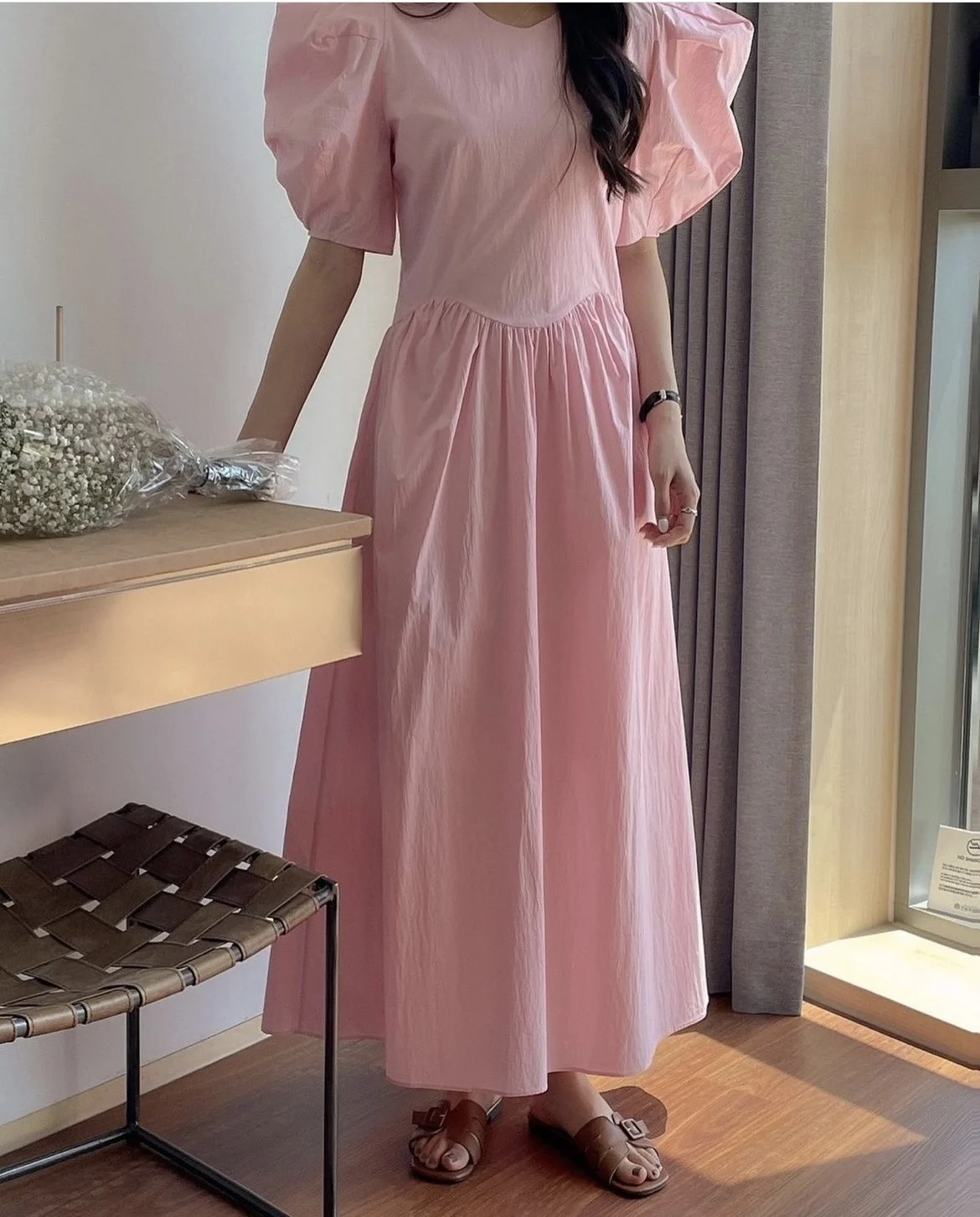 

Korean Fashion Chic Lantern Sleeve O Neck Pleated Waist Pink Dresses 2023 Summer New Tide Sweet Tempermanet Loose Casual Dresses