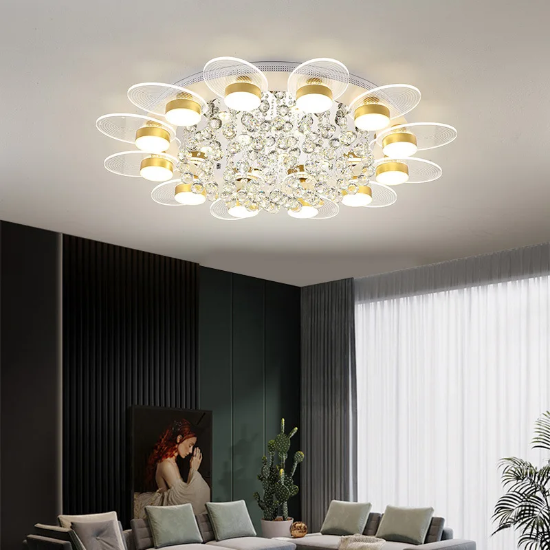 Luxury Atmosphere Ceiling Lights Chrome Round Ceiling Mount Panel WitAcrylic Petals LED Light Crystals Decor For Living Room