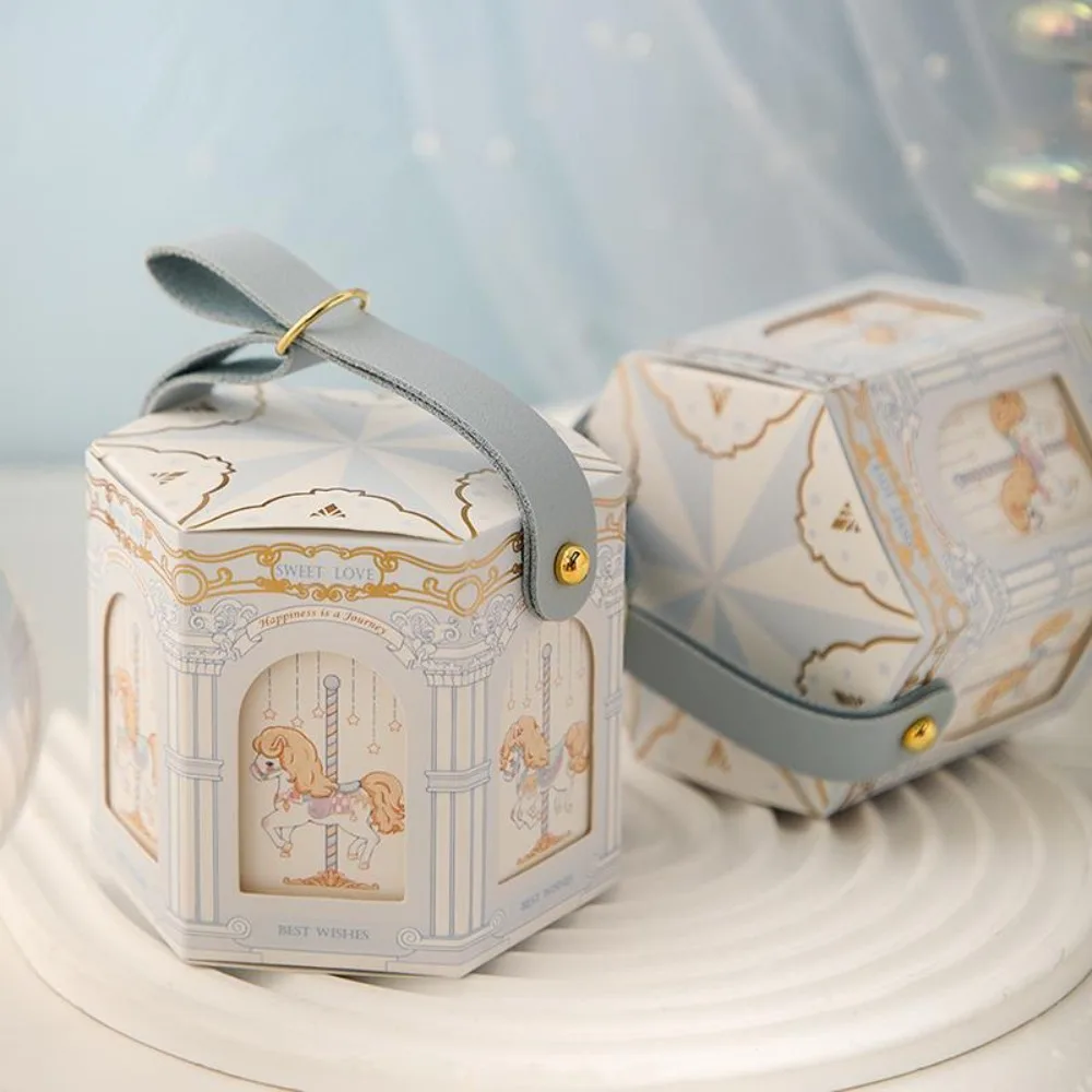 Decoration Wedding Carousel Gift Box Paper Leather Handle Wedding with Hand Gift Birthday Candy Tote Bag