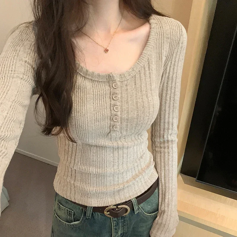 Femme Coreano Moda Magliette e camicette Autunno Sottile T Shirt Per Le Donne Casual O Collo Solido Magliette Mujer Donna Vestiti Manica Lunga Tee Shirt