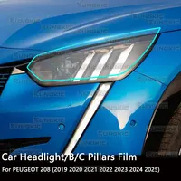Película Protectora de Pintura TPU para PEUGEOT 208 2019-2025, Adhesivo para Faros Delanteros y Pilares B/C, Antiarañazos, Protector Transparente Ahumado