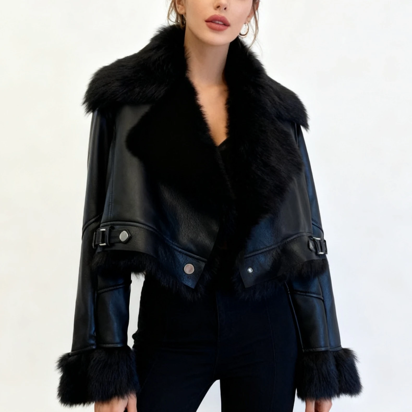

Faux PU Leather Coats Women Punk Fur Collar Coat Work Short Jackets Spring Streetwear Button Open Stitch Jacket Autumn Winter