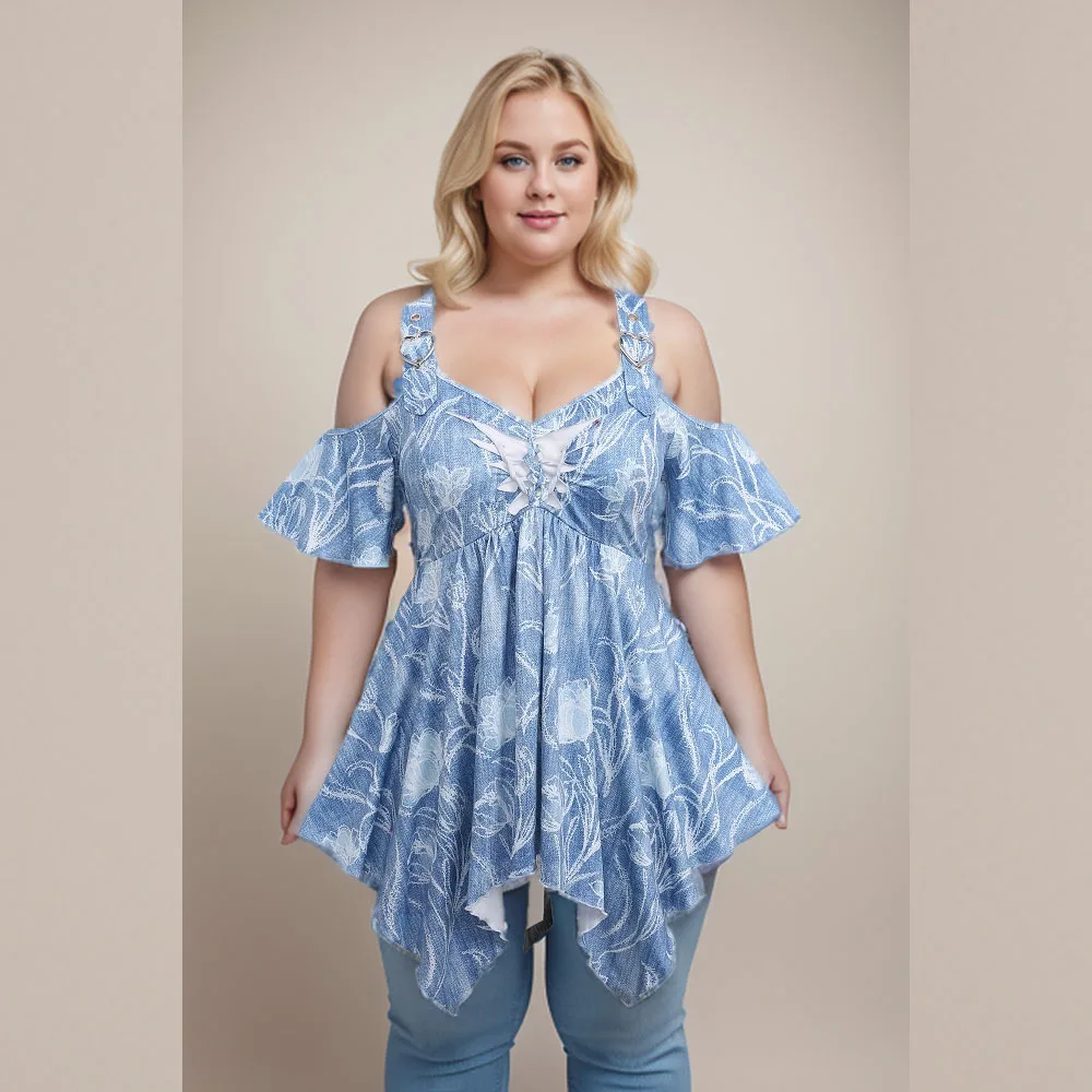 

ROSEGAL Plus Size Summer Cold Shoulder Tees For Women Blue Ripped Braided Floral Printed Handkerchief Asymmetric Top T-shirts