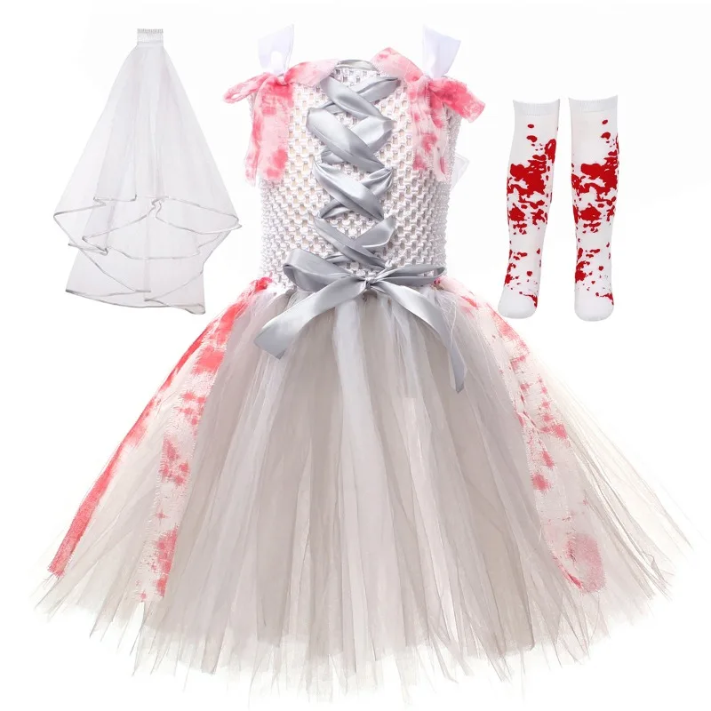 Kids' Horror Bride Multi-Layer Blood Tulle Puffy Dress,  Girls' Vintage Carnival Party Gown,  Halloween Themed Party Clothing