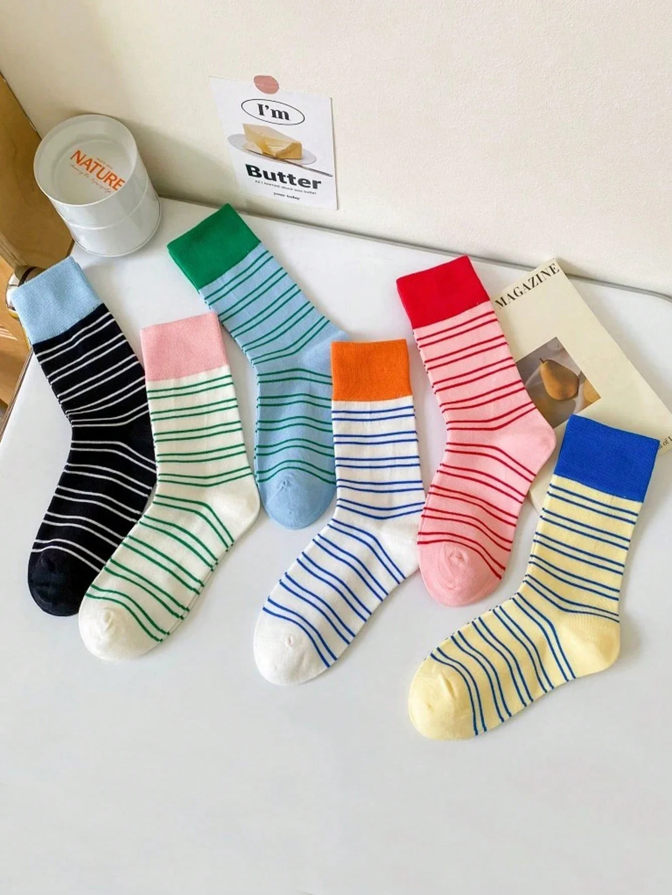 6 Pairs Ladies Fresh Color Block Stripe College Style Fashionable Versatile Comfortable Breathable Mid-Calf Socks