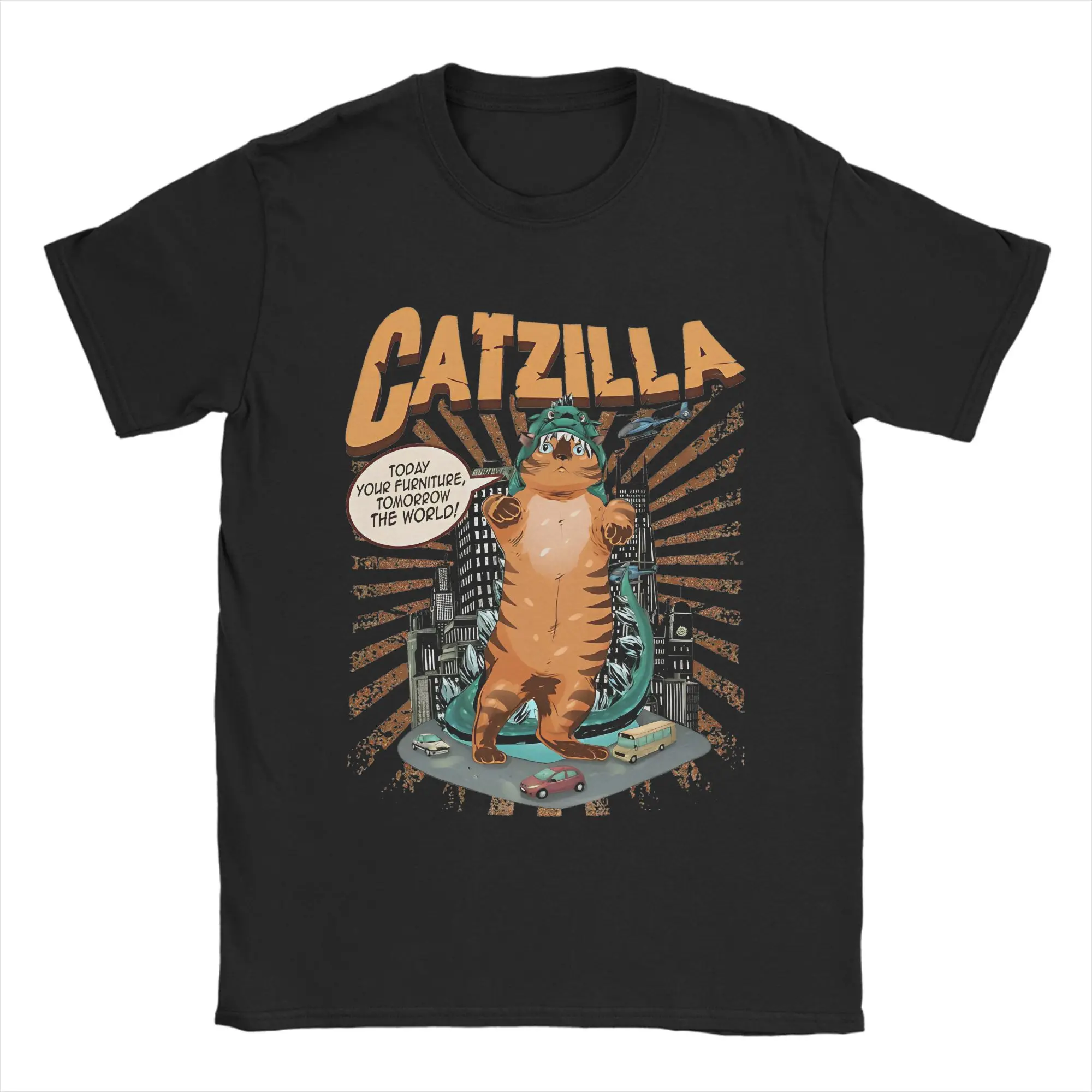 Harajuku CAT Attack! Kitty Catzilla Monster Fitted Scoop Tshirts Men's Cotton Short Sleeve  Crewneck Summer Clothing