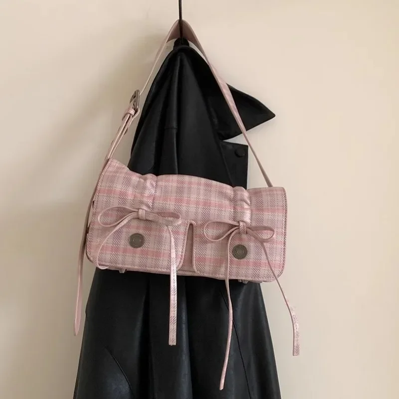 Pink Bow Ruched Armpit Bag Fashion Plaid Pleated Womens Shoulder Bag New Casual Sweet Literary Exquisite Messenger Armpit Bag