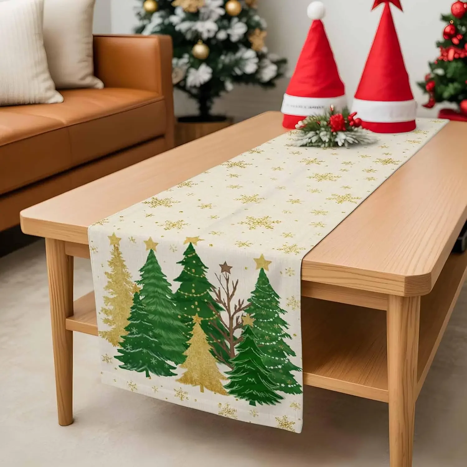Christmas Tree Gold Snowflakes Linen Table Runner Party Decor Reusable Winter Kitchen Dining Table Runners Christmas Decorations