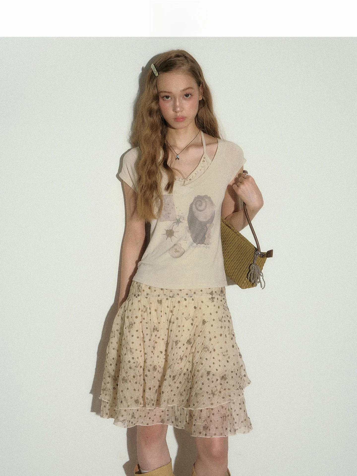 LOLOL Floral Asymmetric Hem Skirt Women's  Skirt Vintage Polka Dot Print High Waist A-Line Skirt Sweet Dream Series
