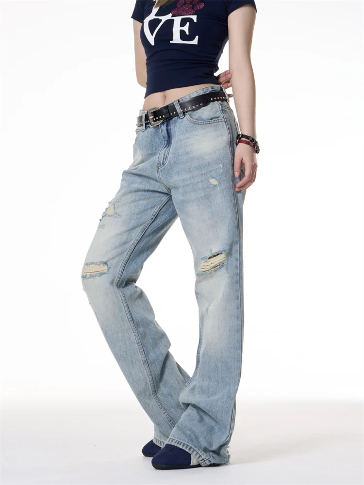 

American Style Retro Hot Girl Denim Jeans Women Loose Straight Wide Leg Long Pants Casual Low Waist Zipper Summer Wear