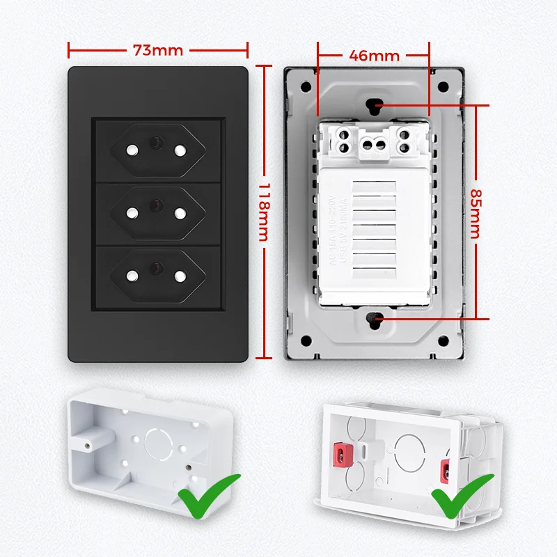 YINKA ทนไฟแผงพลาสติกบราซิล Outlet Wall SOCKET SWITCH,Fast CHARGING Dual USB Type-C,สวิทช์ไฟผนัง,118*72,10A 20A