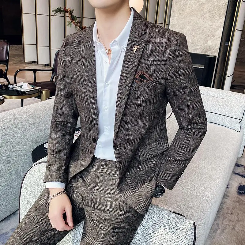 High Quality 2023 Men\'s (suit + Trousers) Boutique Fashion Business Suit Slim Handsome Trend Banquet Two-piece Set Four Seasons