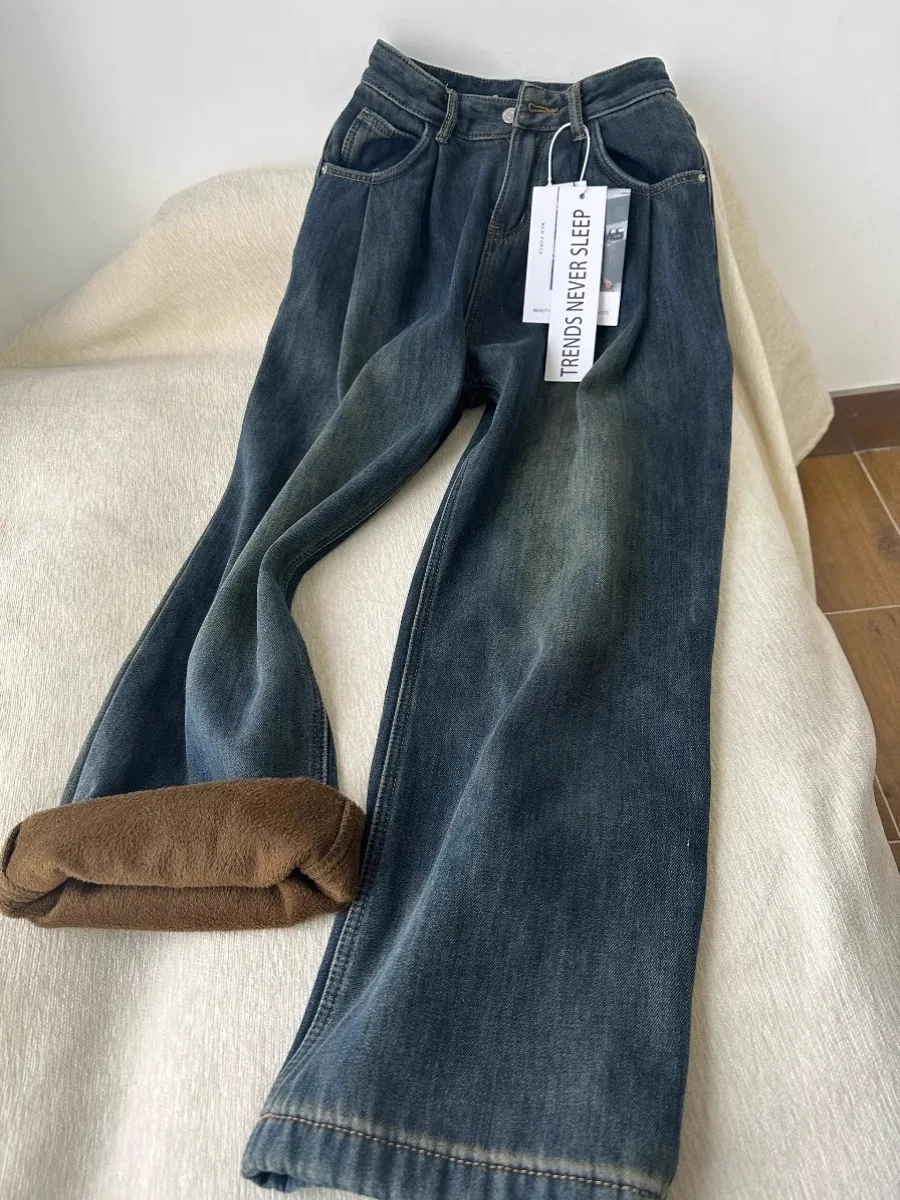 

plus Size Fce Lined Thi Denim Jeans Women High Waist Loose Straight Leg Floor Length Pants Casual Comfortable Breathable