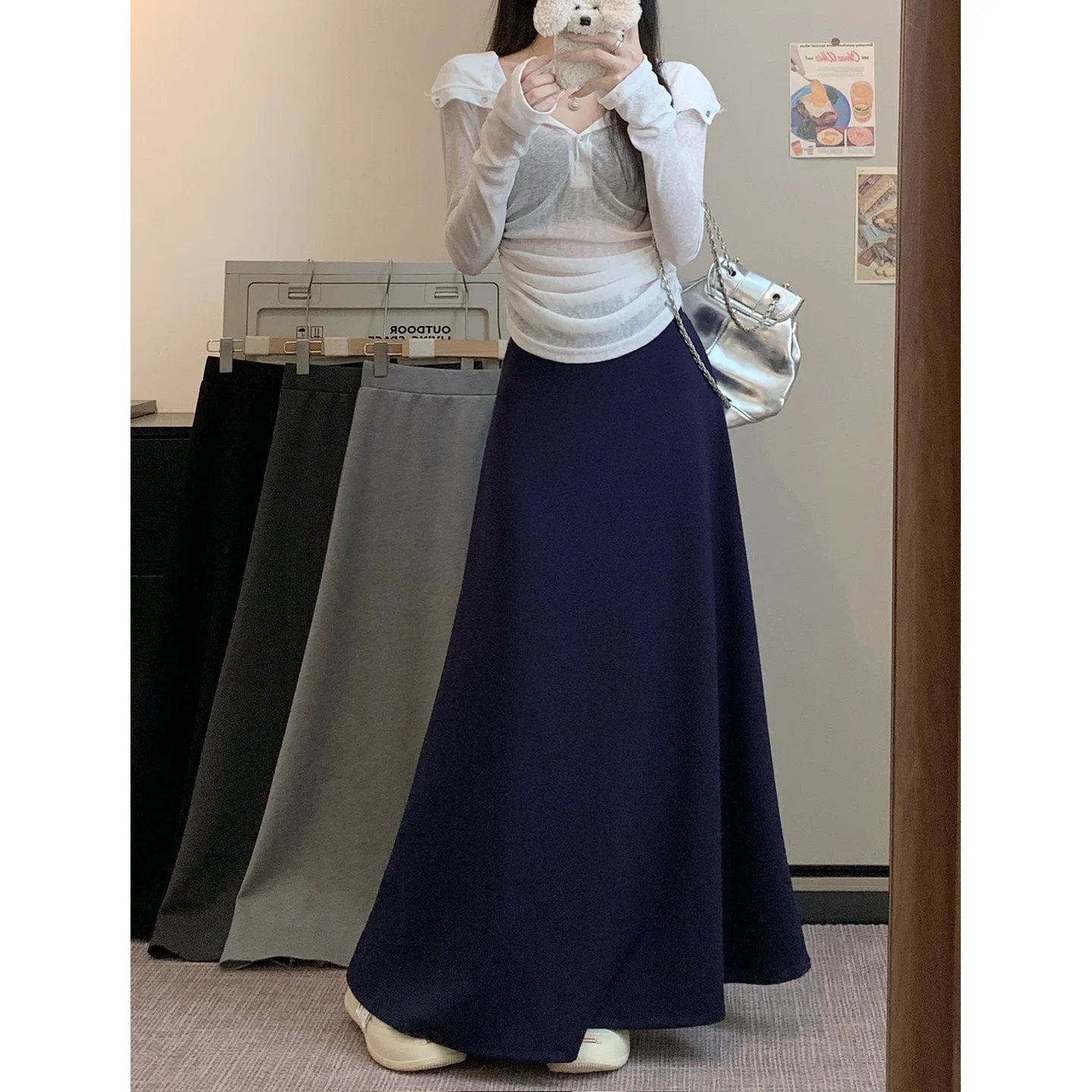 Falda Midi de Cintura Alta, Estilo Coreano, Versátil, para Mujer, Primavera/Verano 2026, Look Casual