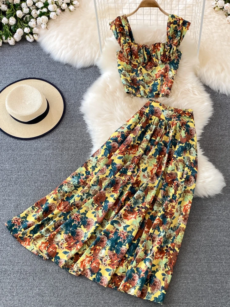 Women Summer Retro Floral Print Skirt Set Sexy Sleeveless Short Strap Tops & High Waist Pleated Skirt Two Piece Suits