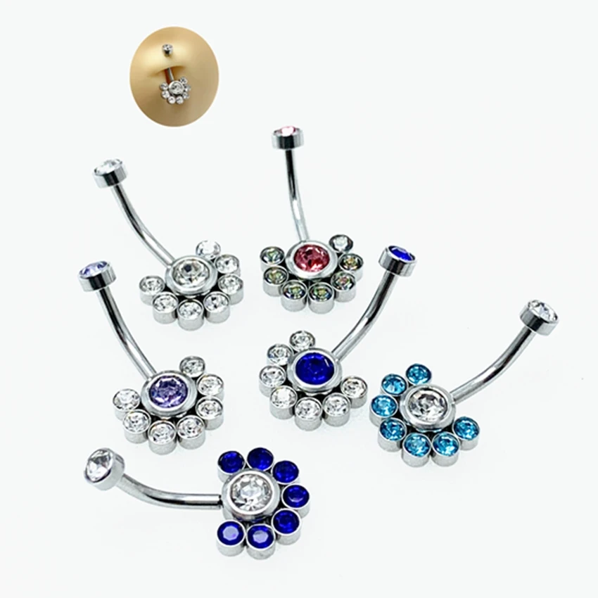 6 pieces of casual stainless steel new peacock-shaped belly button rings with diamonds and multi-color original designs and full