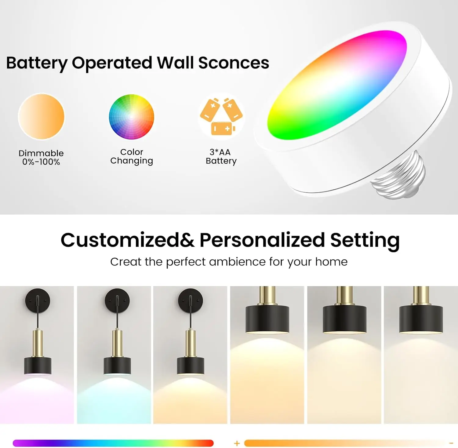 Battery Operated Wall Sconce Set of 2, Dimmable RGB Wall Sconce with Remote Indoor Battery Powered Wall Lamp Light