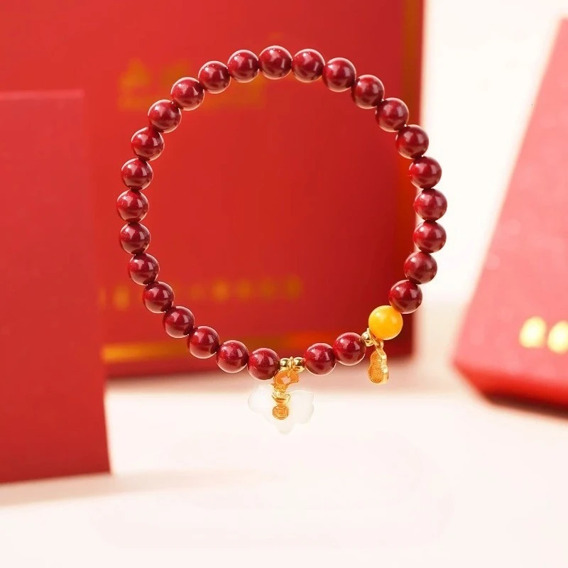 Chinese Style 6mm Cinnabar Beaded Bracelet Hetian Jade Horse Lucky Blessing Wealth Attracting Feng Shui Zodiac New Year Gift For