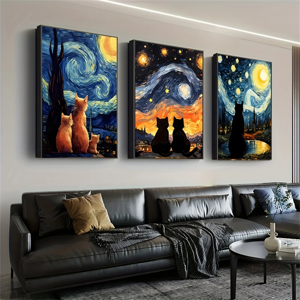 3 قطع من المطبوعات الفنية القماشية غير المؤطرة - ليلة فان جوخ المرصعة بالنجوم والقطة السوداء الحديثة لتزيين الحائط على شكل حيوانات لغرفة النوم وغرفة المعيشة والمكتب المنزلي