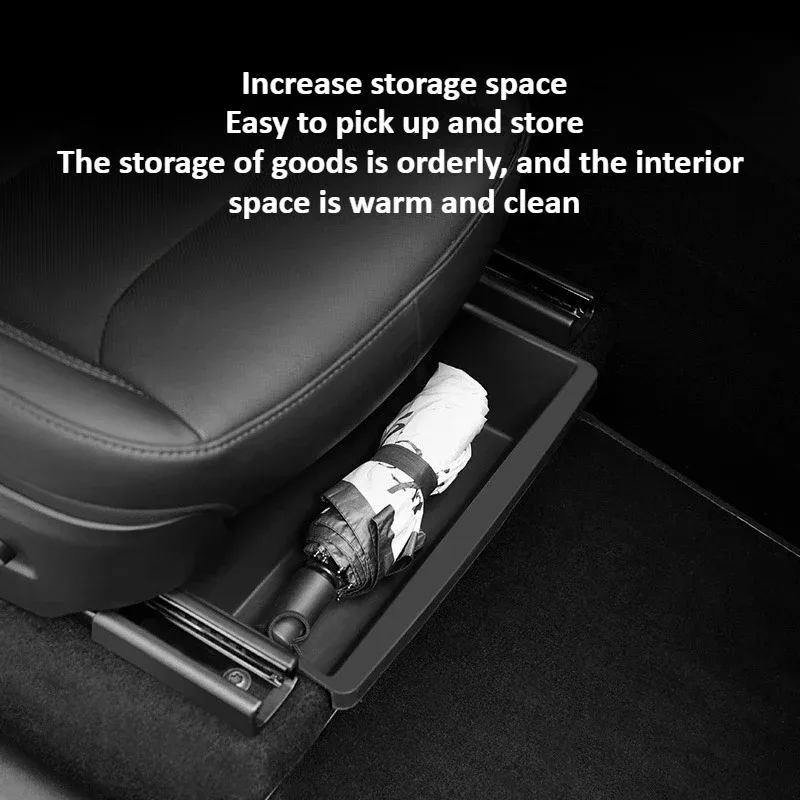 For Tesla Model Y Juniper 2025 Front Under Seat Storage Box Organizer Underseat Hidden Store Space Bins Chair Tray Accessories