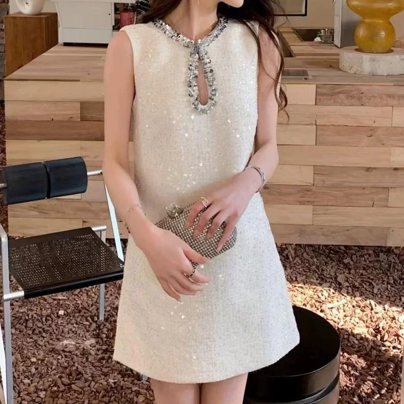 

French Elegant Small Fragrance Short Dress Women O Neck Sequins Hollow Beading Fashion Sweet Party Sleeveless White Blue Dress