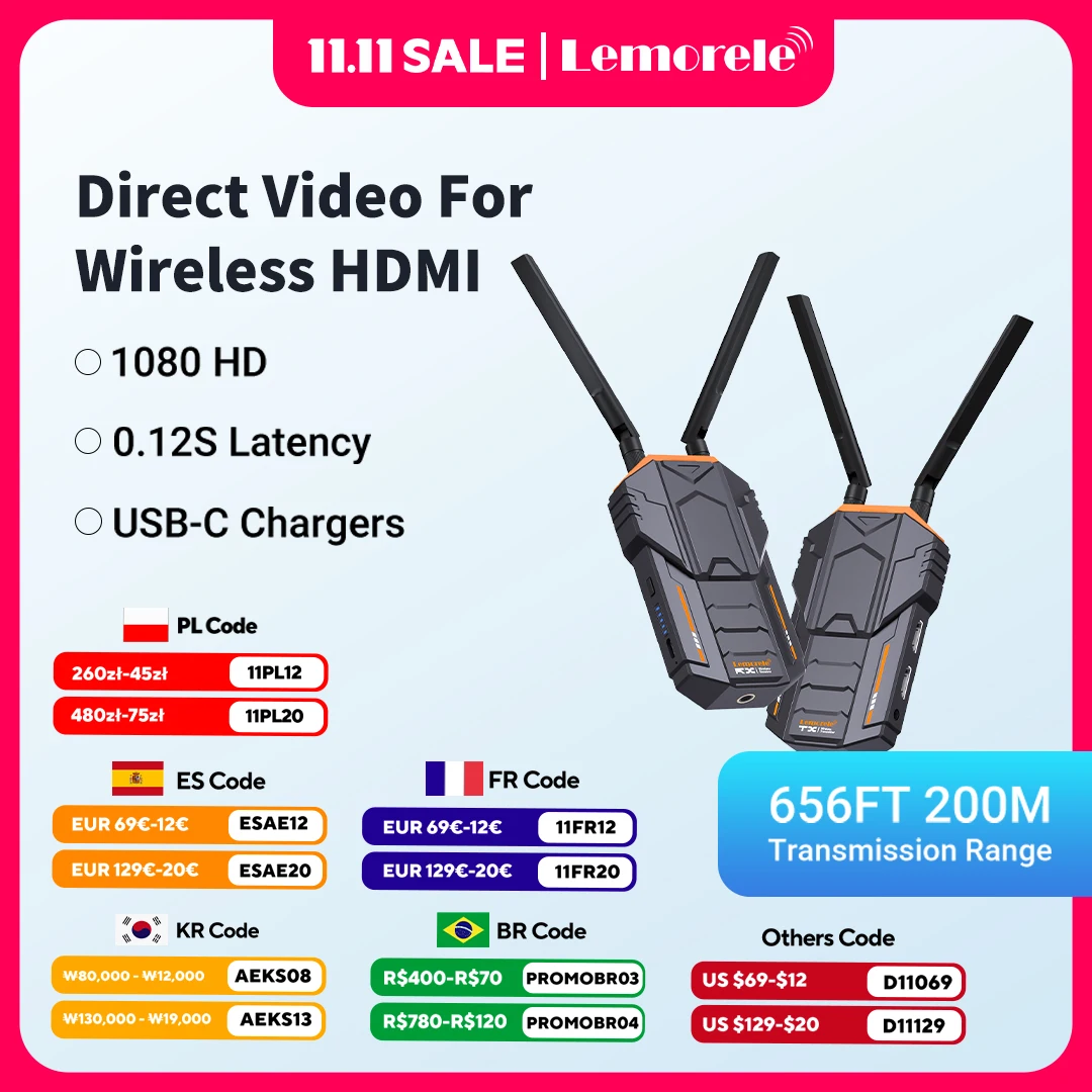 

Lemorele 200M Wireless HDMI Transmitter Receiver 1080P Video Transceiver Extender for Photography Live Streaming Support Battery