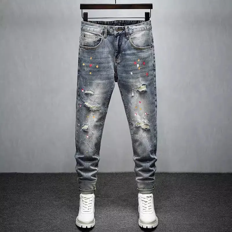 

Streetwear Fashion Men Jeans Retro Washed Blue Stretch Skinny Fit Ripped Jeans Men Painted Designer Hip Hop Vintage Denim Pants