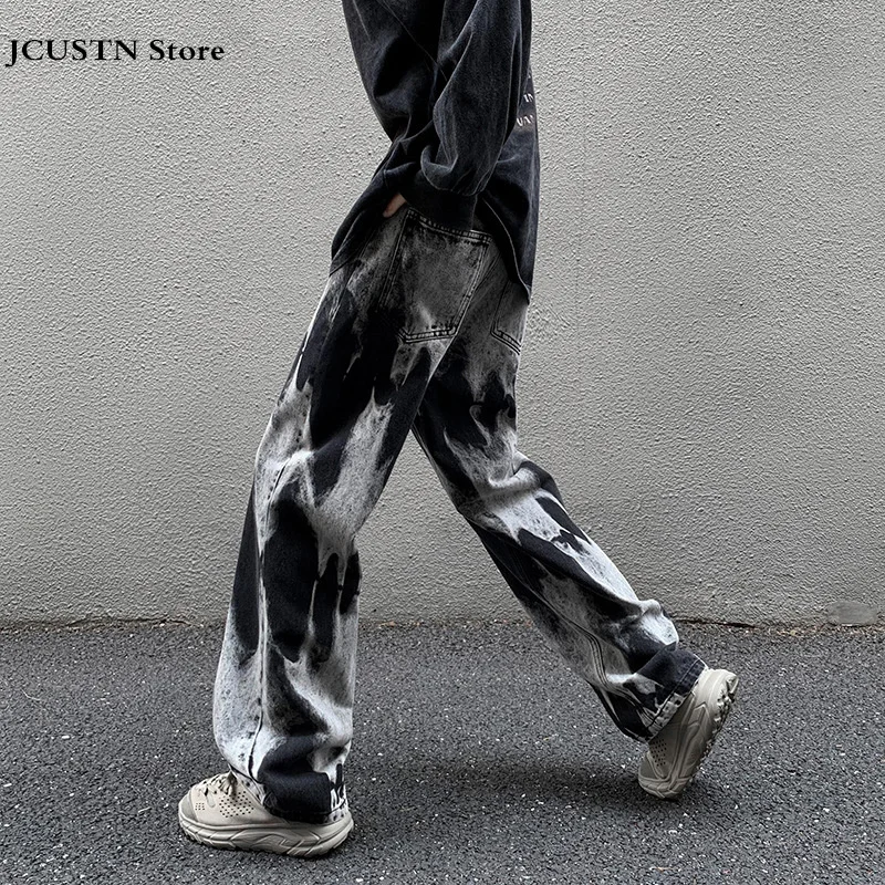 Men Tie Dye Jeans Baggy Elastic Waist Trousers Straight High Street Pants Male Punk Cool Streetwear Diablo Style Denim Pants