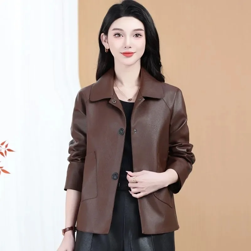 

New Outerwear Women's Jackets Single-breasted Quality Casual Fashion Joker Lapels Thin Buttons PU Ladies Leather Jacket Coat