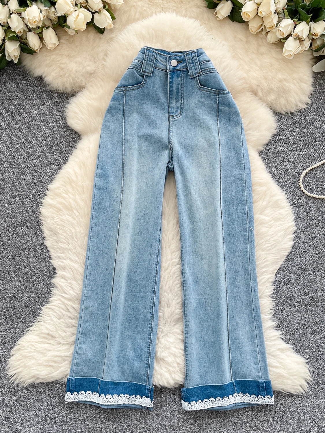 

Retro Spicy Girl Light Blue Denim Jeans Women Summer Vintage Lace Trim Splicing Straight Drapey Nine Point Pants High Waist W...