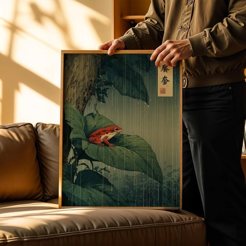 1 Stück japanische Frosch-Leinwand-Wandkunst, ungerahmter Vintage-Wandkunstdruck mit Regenwaldmotiv, rotes Frosch-Poster auf Blatt für Wohnzimmerdekoration – Detail 4