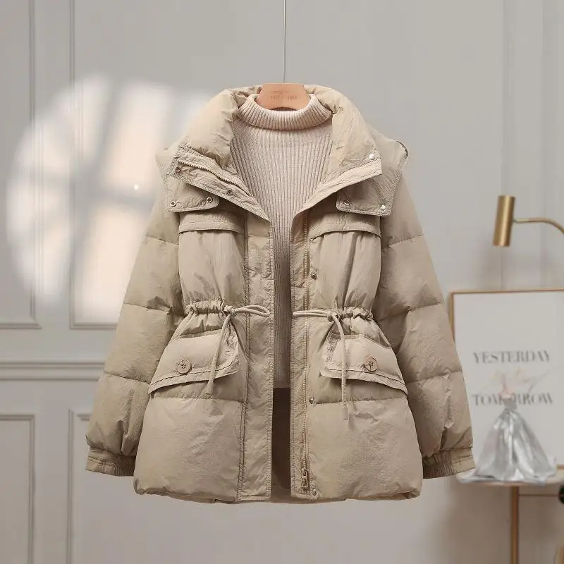 

Women's Mid-Length Du down Jaet Hooded Waist-Cinching Winter Faion Slimming Warm Polyester Fiber White Du Feather