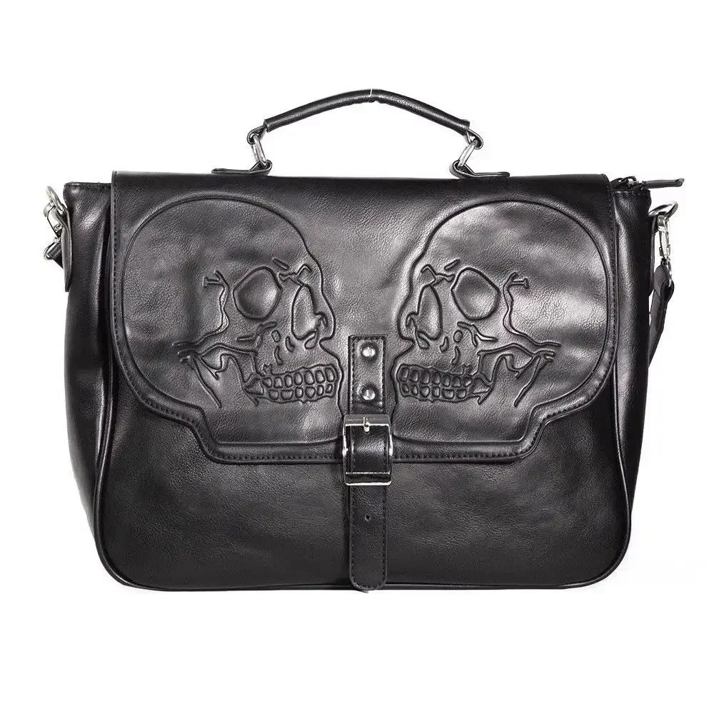 Annmouler Large Capacity Gothic Skull Handbag Designer Women Punk Tote Bag Y2K Crossbody Bag with Long Strap Embossed Briefcase