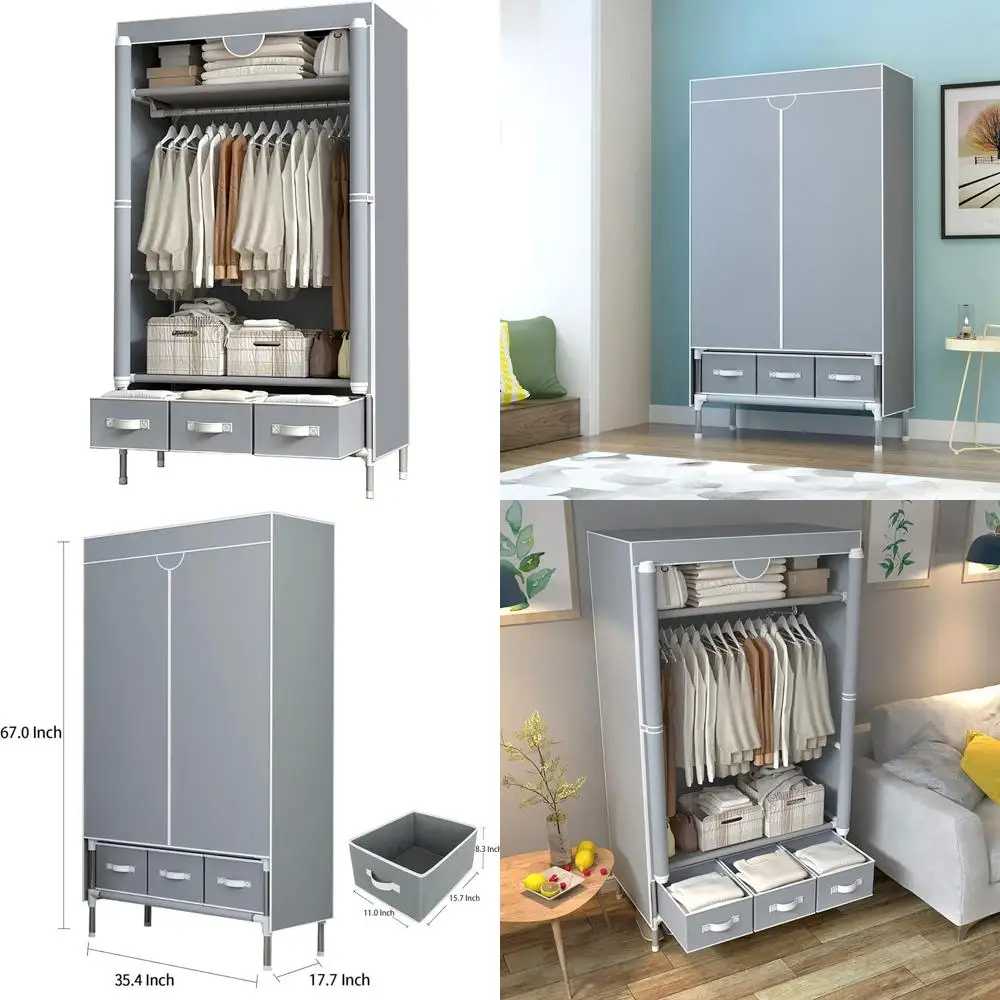 

Gray Rolling Door Wardrobe Organizer with Hanging Rack and 3 Drawers, Easy Assembly