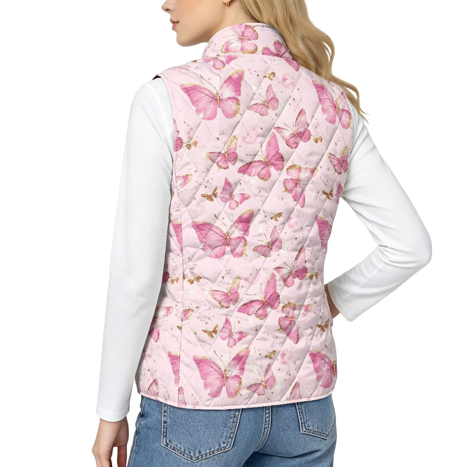 PENSTROLL Pink Butterflies Womens Quilted Sleeveless Vest Casual Diamond Quilted Vest Women Warm Quilted Jacket Vest for Work