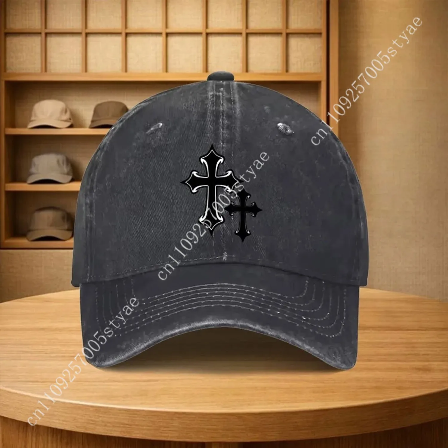 Gothic Cross Baseball Cap aus gewaschenem Denim, verstellbare Mütze, Streetwear, Sonnenschutzkappe