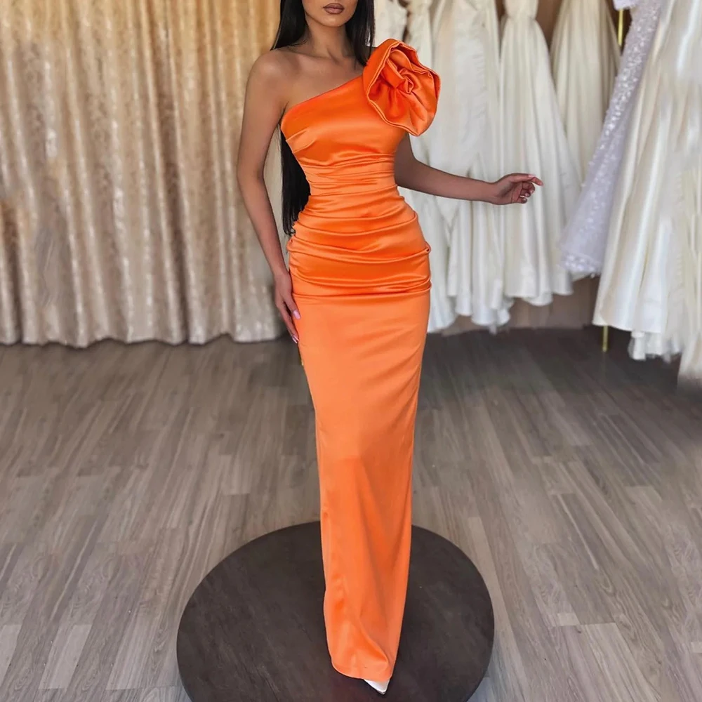 

Modern One Shoulder Sleeveless Evening Dress with 3D Flower Sheath Floor Length Customized Women Wedding Party Satin Gowns