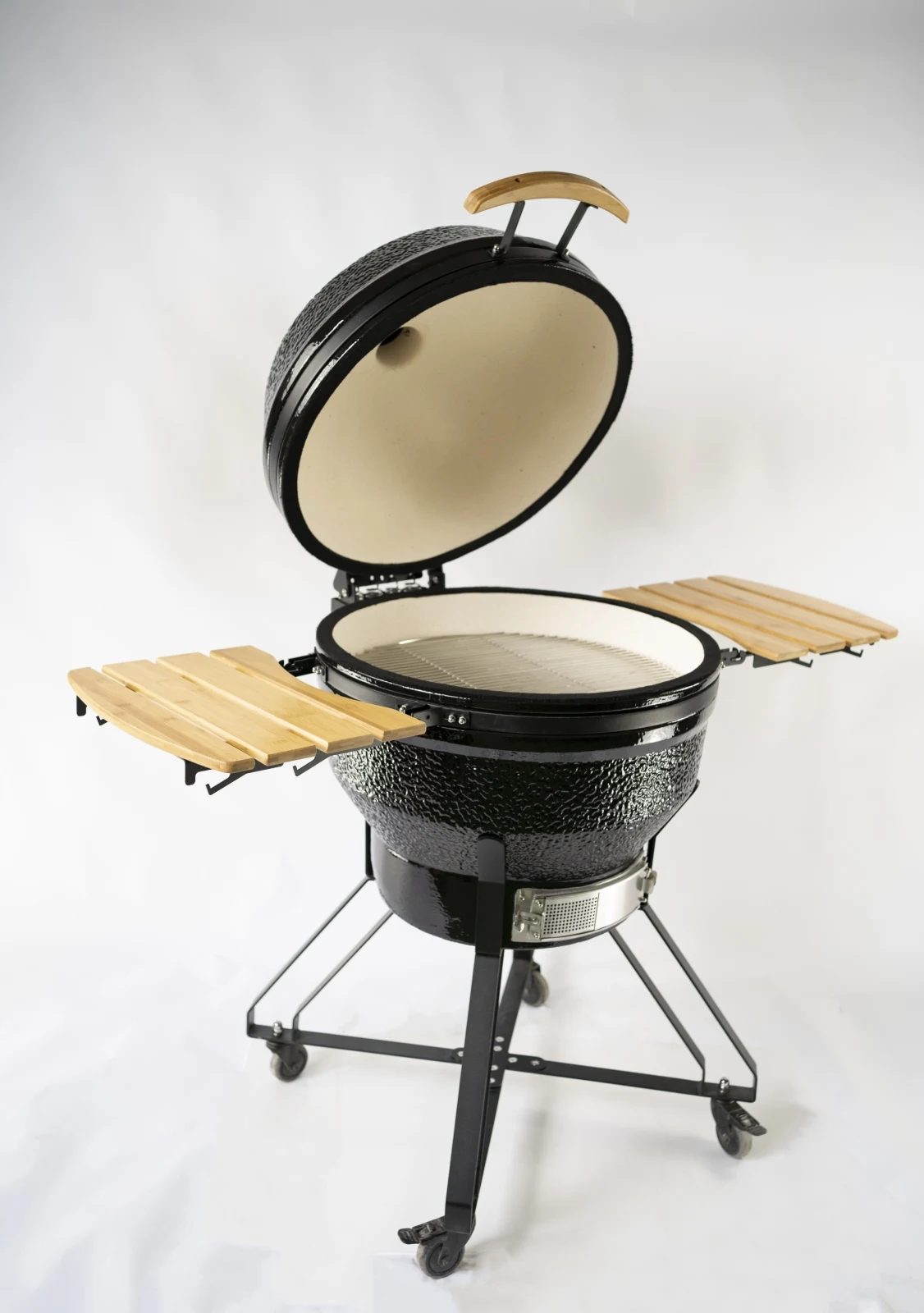 26 Inch Premium Charcoal Kamado Grill & Smoker Heavy Duty BBQ Cart Side Shelves Stainless Steel Grates Outdoor Patio Cooking