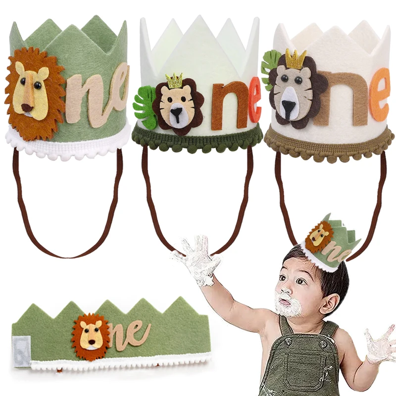 Sombrero de corona de León de un año de edad, Mini diadema para niños, decoración de fiesta de cumpleaños de bebé, sombrero de animales, decoración de fiesta temática de jungla