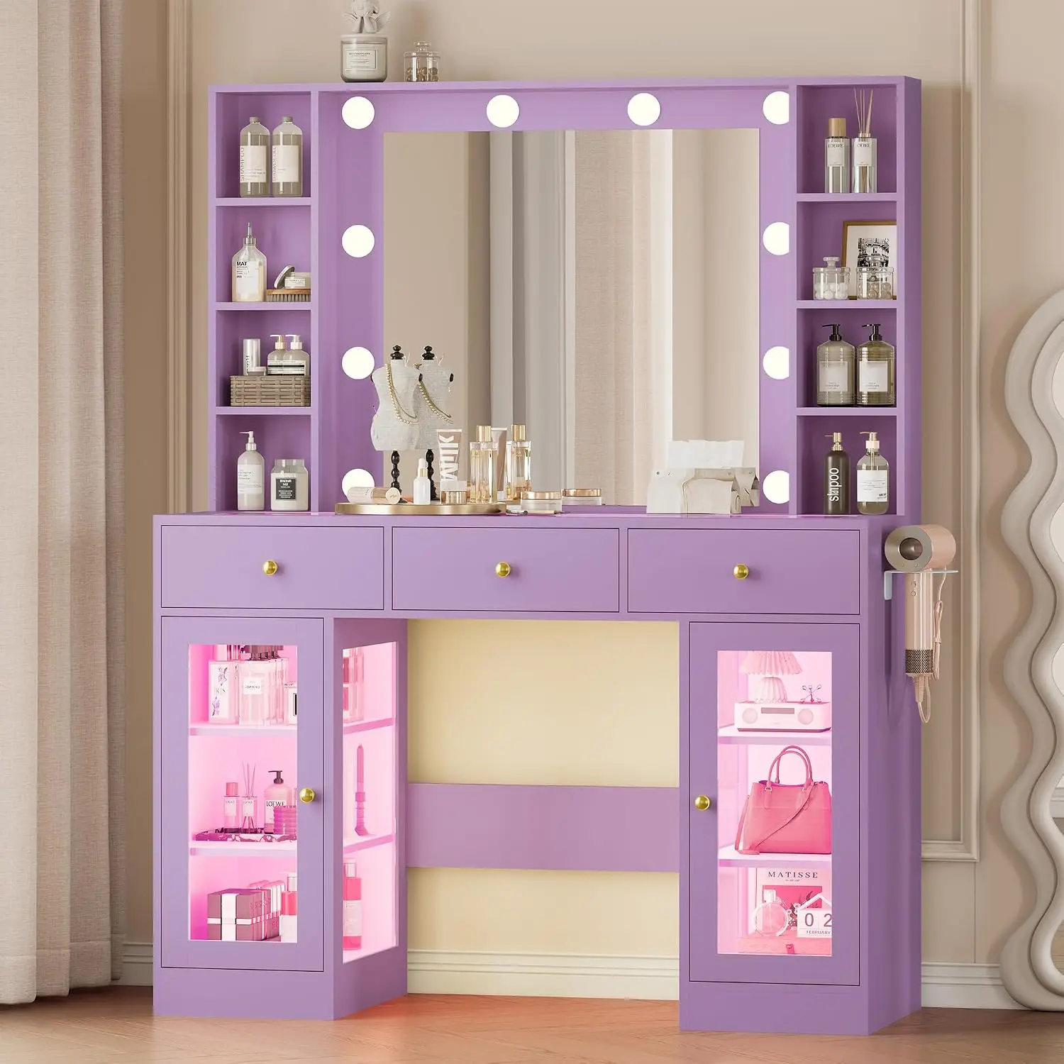 Makeup Vanity Desk with Mirror and Lights, Purple Vanity with Glass Top, LED Lights & Power Outlet, 3 Drawers, Customized