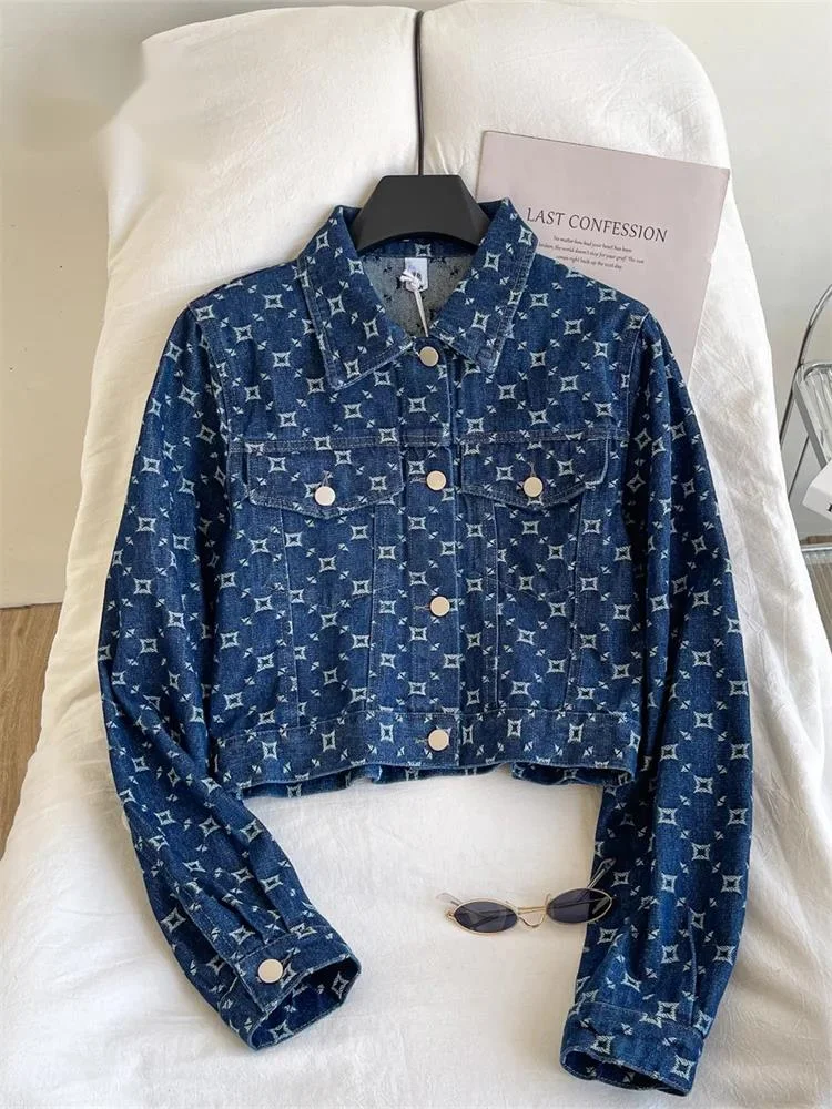

Autumn Denim Casual Trend Coat Female Lapel Long Sleeves Pockets Jacquard Versatile Streetwear Vintage Short Jackets