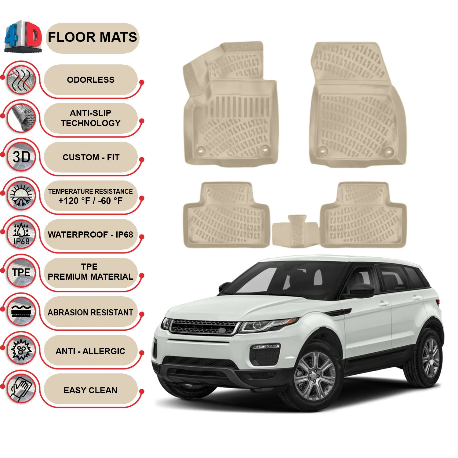 Range Rover Evoque - (2011-2019) Floor Mats Liner Waterproof 3D - (Beige)