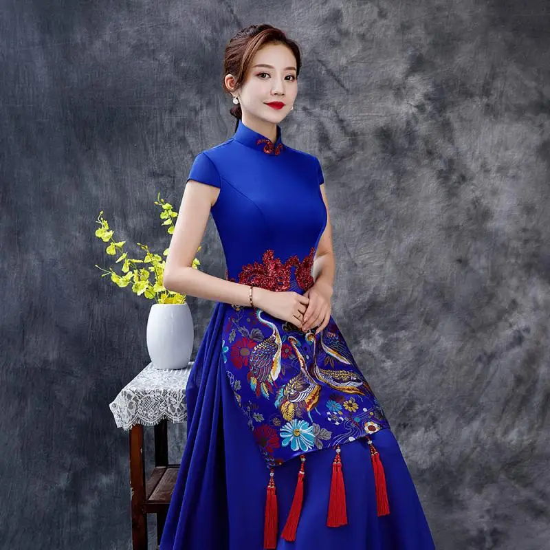 

Retro Embroidery Tassel Applique Satin Aodai Qipao Sexy Short Sleeve A-Line Cheongsam Chinese Women Dress