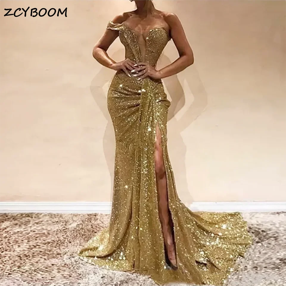 Customized Charming Gold Glitter Beaded High Slit Mermaid Formal Evening Wedding Dress 2025 Ruffles Blackless Tulle Bridal Gown