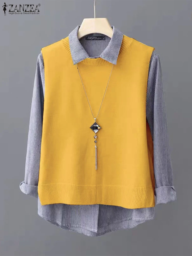 

Women Office Lady Pullover Fashion Striped Stitching Hoodies ZANZEA Vintage Lapel Collar Jumpers Holiday Long Sleeve Shirt Tops