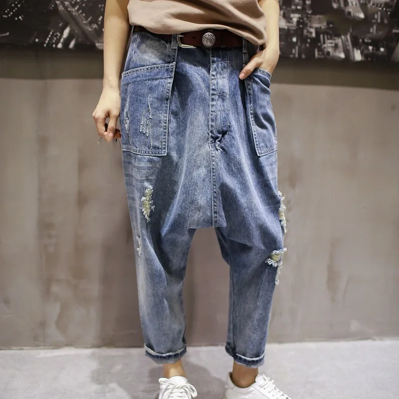 

Autumn New Arrival Womens BF Style Drop-crotch Harem Denim Cowboy Carpenter Hole Ripped Jeans Loose Fit Long Pants
