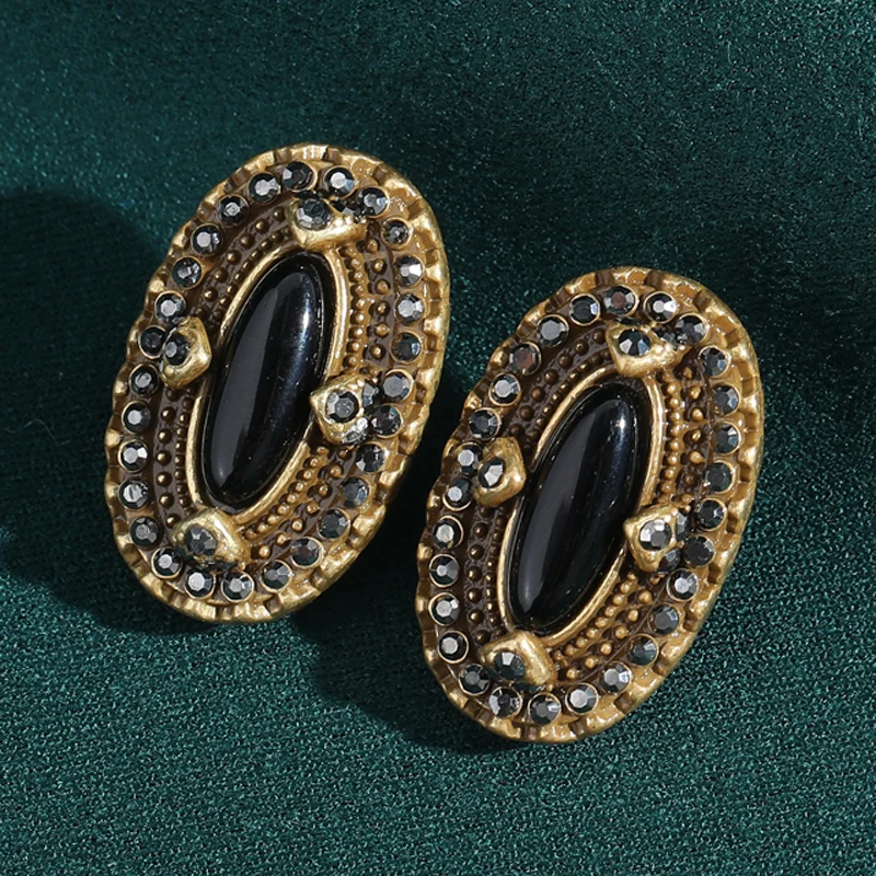 

Antique Gold Color Black Agate Oval Stud Earring Rhinestone Luxury Jewelry Designer Vintage For Women Wedding Thanksgiving 2025